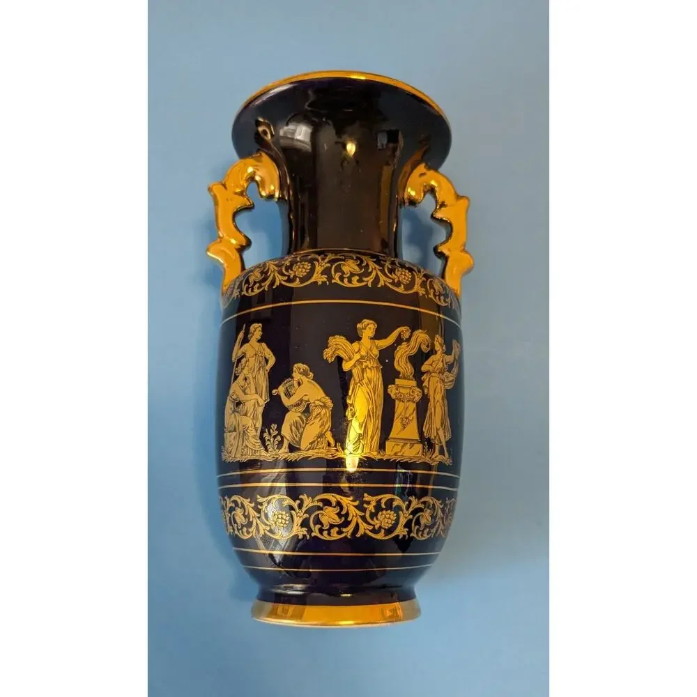 Vintage Spyropoulos Greek Vase Cobalt Blue 24K Gold Handmade Greece Mythology 7